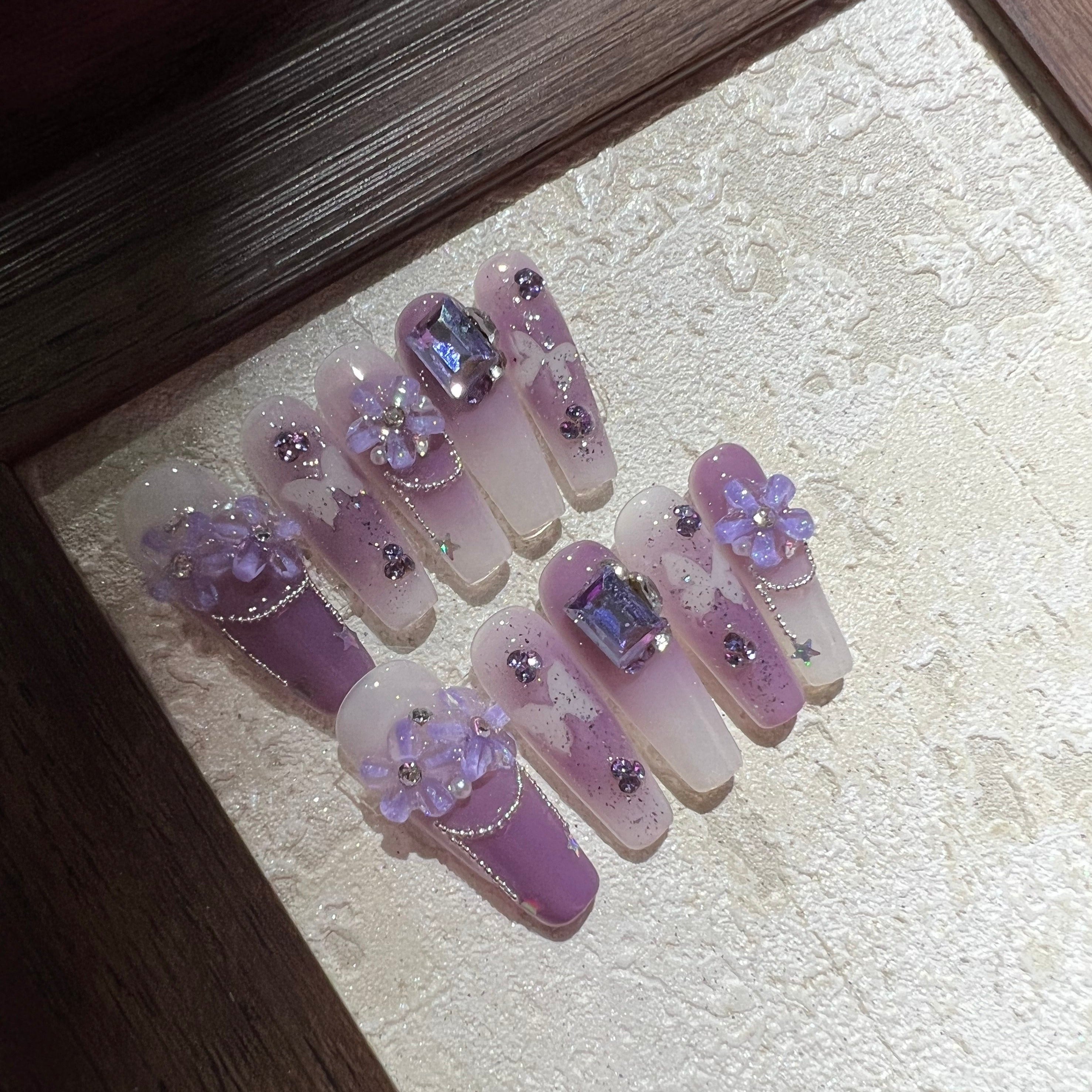 3D PURPLE FLOWER-TEN PIECES OF HANDCRAFTED PRESS ON NAIL