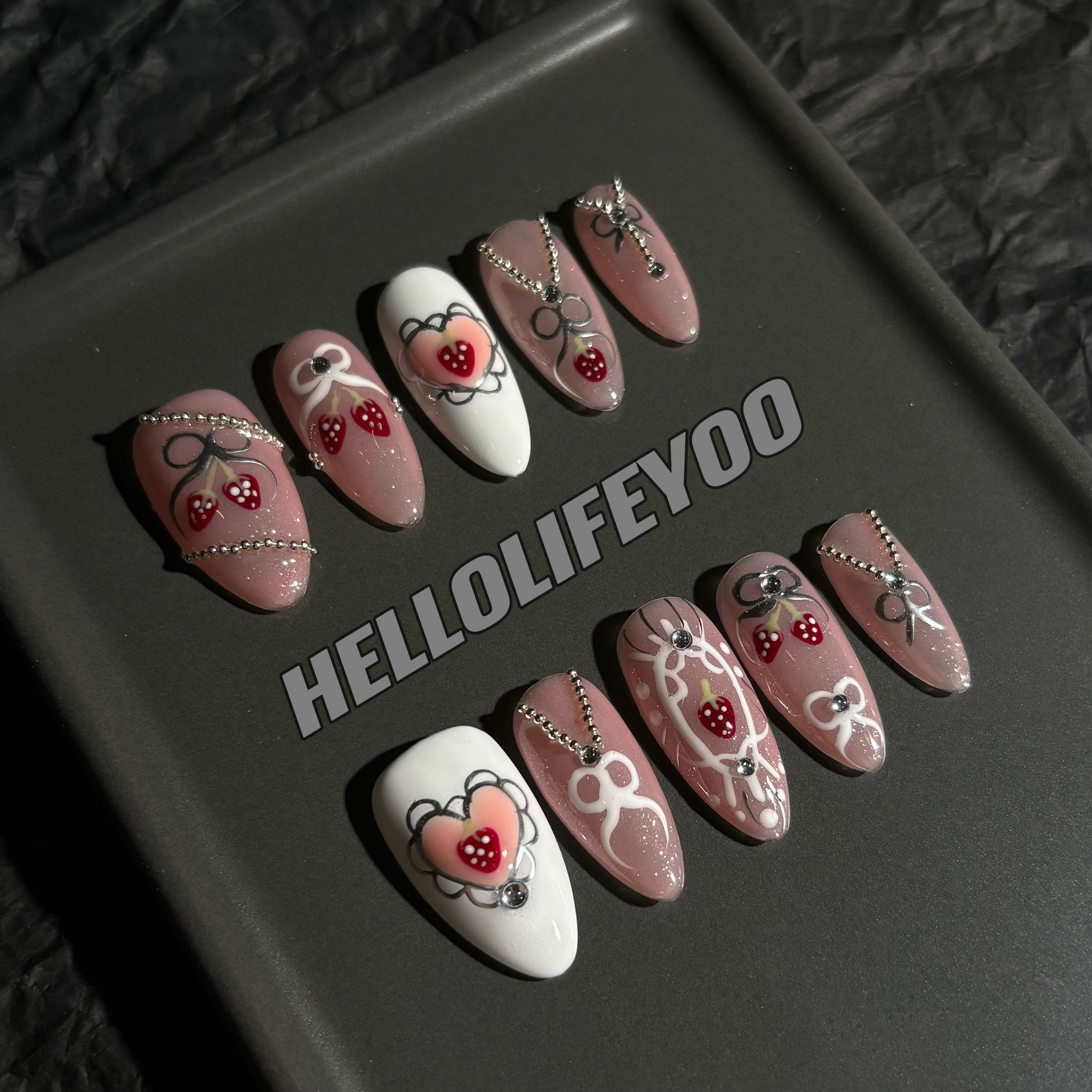 CUTE STRAWBERRY-TEN PIECES OF HANDCRAFTED PRESS ON NAIL