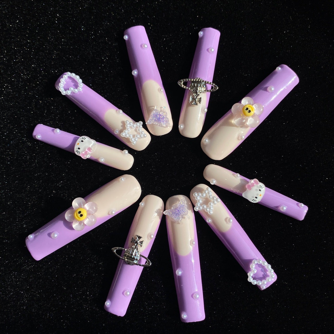 PURPLE SUNFLOWER-TEN PIECES OF HANDCRAFTED EXTRA LONG PRESS ON NAIL