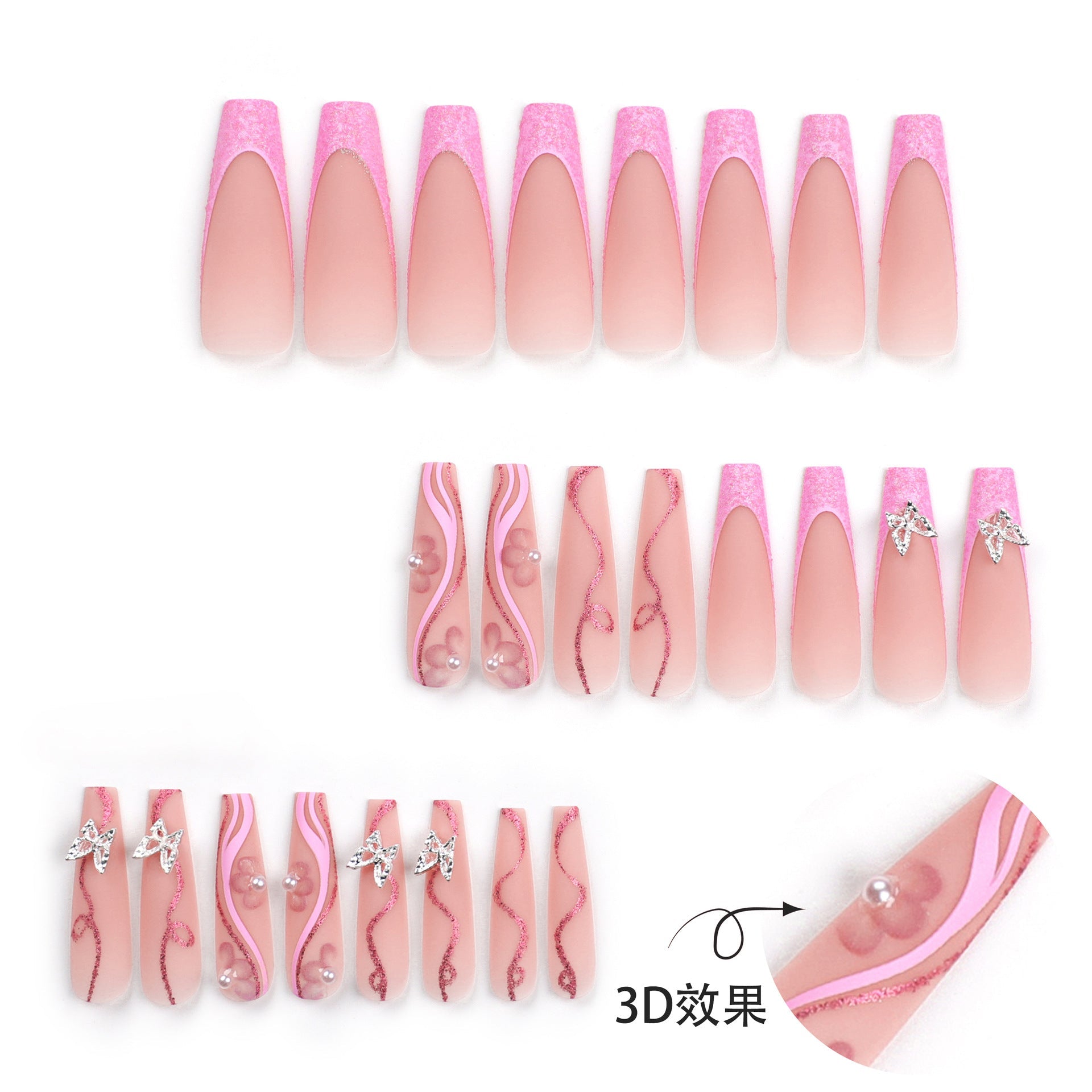 24 PCS LONG COFFIN BUTTERFLY PRESS ON NAILS