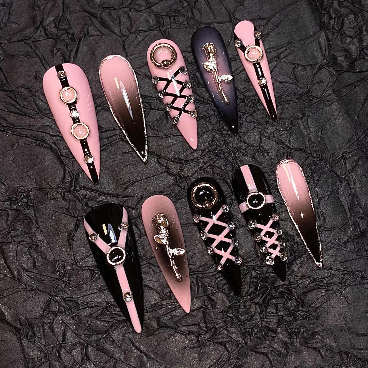 BLACK PINK-TEN PIECES OF HANDCRAFTED PRESS ON NAIL