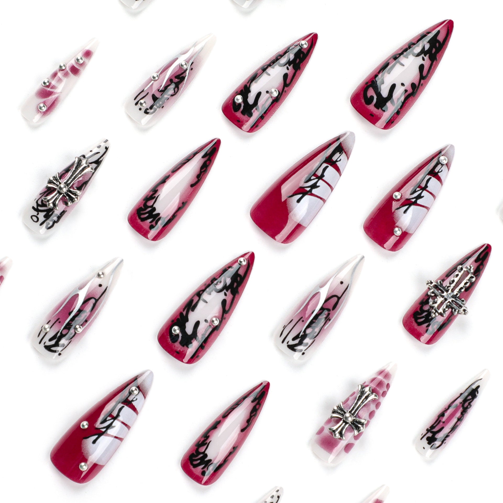 24PCS STILETTO DARK CROSS PRESS ON NAILS