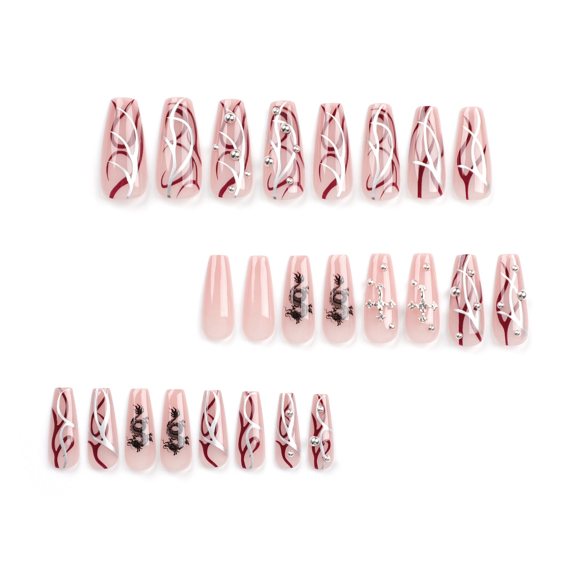 24 PCS LONG COFFIN CROSS DIAMOND PRESS ON NAILS