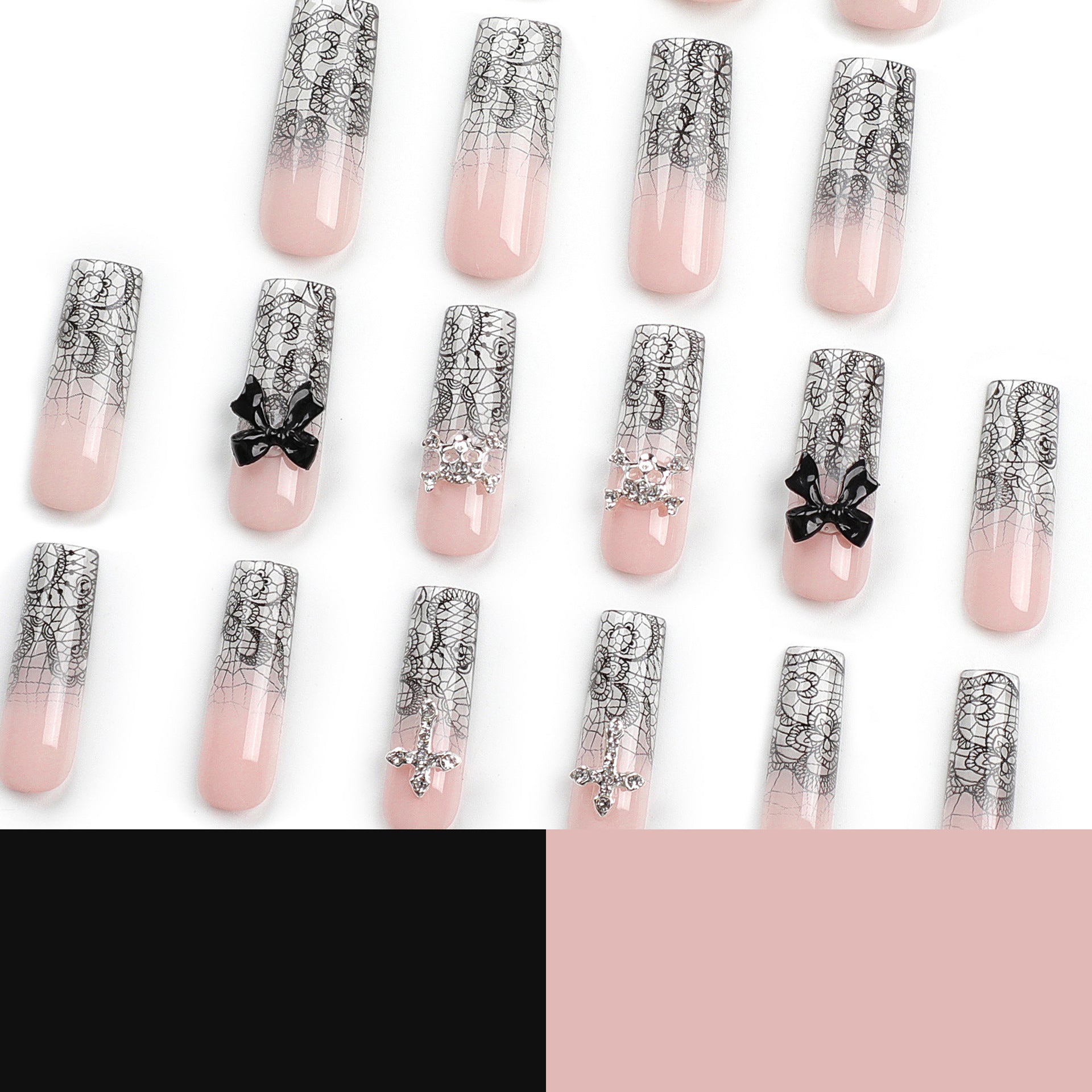 24 PCS LONG COFFIN BLACK CRYSTAL PRESS ON NAILS