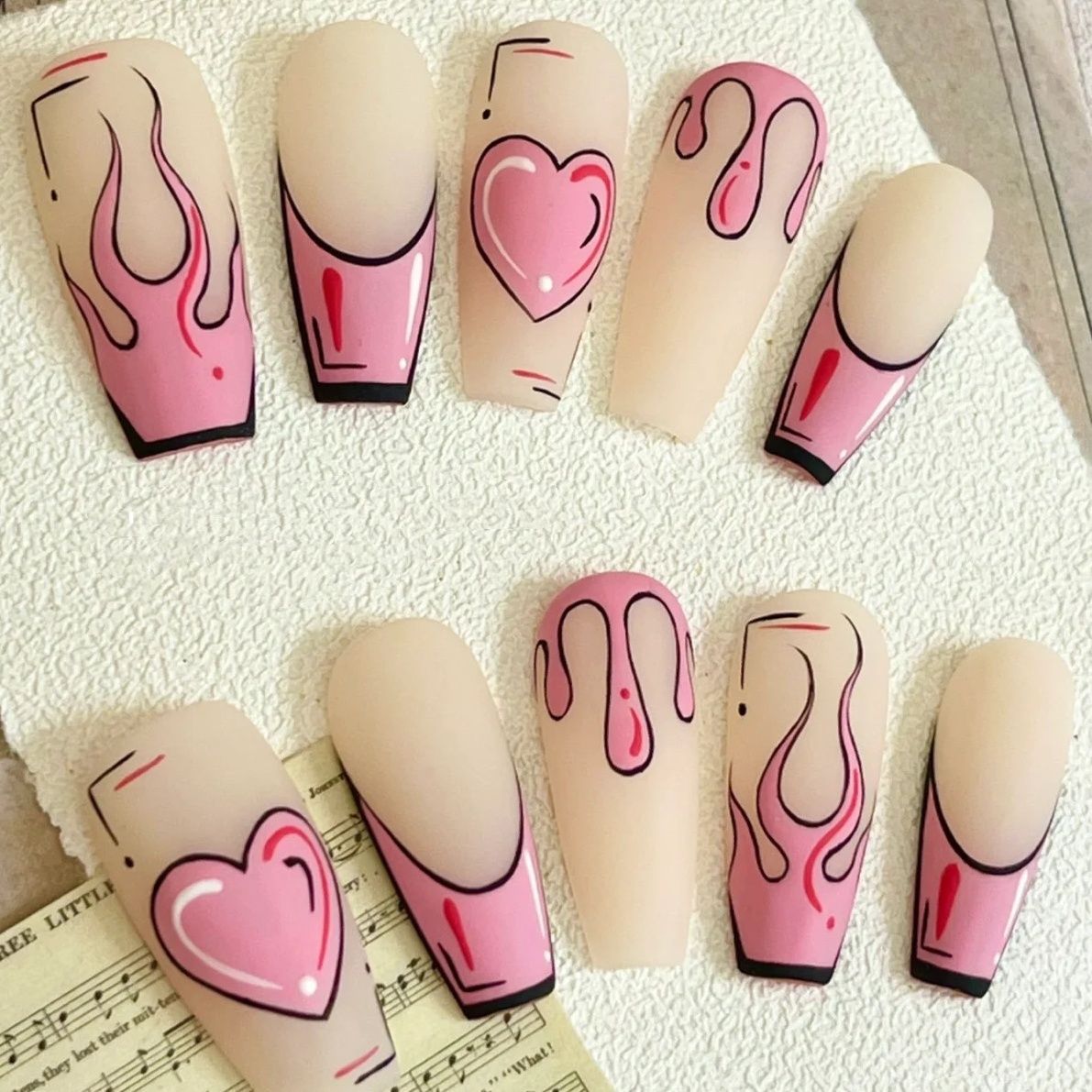 FIERY HEART - TEN PIECES OF HANDCRAFTED PRESS ON NAIL